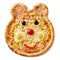 Funny bear-shaped pizza with pelati sauce, mozzarella, corn, cherry tomato, bell pepper, olives, quail eggs and sesame
