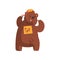 Funny bear showing sticker Go on his back. Cartoon animal with brown fur, small ears, short tail and paws with claws
