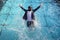 Funny bearded business man in suit in swimming pool. Happy man with dress in swimming pool. Fashionable underwater