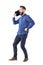 Funny bearded business man yelling on oversized large cell phone or tablet concept.