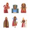 Funny Bearded King Characters Wearing Golden Crown, Mantle and with Sceptre Vector Set