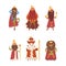Funny Bearded King Characters Wearing Golden Crown, Mantle and with Sceptre Vector Set