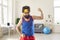 Funny bearded man in mask for sleeping making sport workout for muscle power