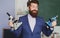 Funny bearded teacher, student hold microscope. Positive human emotions facial expressions.