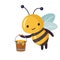 Funny bee with a full bucket of honey. Cartoon bee cute character in flat style