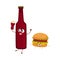 Funny beer bottle and yummy hamburger characters having fun together