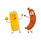 Funny beer can and frankfurter sausage characters having fun together