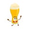 Funny beer glass character with smiling human face holding croutons