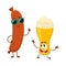 Funny beer glass and frankfurter sausage characters having fun together