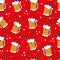 Funny beer mugs in Santa hat and deer antler, on red background. Seamless pattern for Christmas.