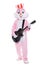 Funny beginning guitarplayer or guitarist in life size rabbit costume with guitar plays song on white background