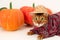 Funny bengal cat wear check shirt,straw hat near fresh vegetables,pumpkin,courgette on white background.Beautiful pet