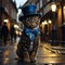 Funny bengal kitten in a blue bow tie and top hat. generative ai