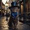 Funny bengal kitten in a top hat and bow tie sitting on the street. generative ai