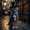 Funny bengal kitten in top hat and bow tie on the street at night. ai generated