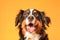 Funny Bernese mountain dog on color background.