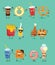 Funny best friends food characters with emotions, includes fast food and fruits, vector illustrations.