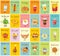 Funny best friends food characters with emotions, includes fast food and fruits, vector illustrations.