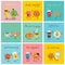 Funny best friends food characters with emotions, includes fast food and fruits, vector illustrations.