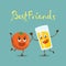 Funny best friends food characters with emotions, includes fast food and fruits, vector illustrations.