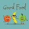 Funny best friends food characters with emotions, includes fast food and fruits, vector illustrations.