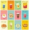 Funny best friends food characters with emotions, includes fast food and fruits, vector illustrations.