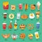 Funny best friends food characters with emotions, includes fast food and fruits, vector illustrations.