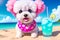 Funny Bichon frise dog with a cocktail on the beach. generative ai.