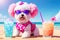 Funny Bichon frise dog with cocktail on the beach. generative ai.