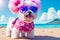 Funny Bichon frise dog with sunglasses on the beach. Generative AI