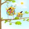 Funny bird on tree family mother and nestling egg kid in nature