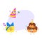 Funny birthday characters - hat, cake, gift box, smiling human faces