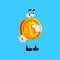 Funny bitcoin character pointing, crypto currency emoticon vector Illustration on a sky blue background