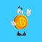 Funny bitcoin character showing victory, sign, crypto currency emoticon vector Illustration on a sky blue background