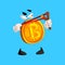 Funny bitcoin character with slingshot, crypto currency emoticon vector Illustration on a sky blue background