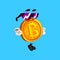 Funny bitcoin character in sunglasses, crypto currency emoticon vector Illustration on a sky blue background