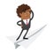 Funny black business man standing on flying paper plane