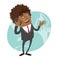 Funny black business man standing on flying paper plane