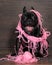 Funny black dog in pink intricate Threads