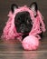 Funny black dog in pink intricate Threads