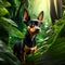 Funny black and tan miniature pinscher dog sitting in green tropical jungle. AI Generated