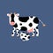 Funny black and white cow and sleeping spotted cat. Adorable cheerful bull and cute feline.