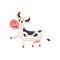 Funny black and white spotted cow character pointing to something