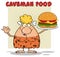 Funny Blonde Cave Woman Cartoon Mascot Character Holding A Big Burger And Gesturing Ok