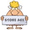 Funny Blonde Cave Woman Cartoon Mascot Character Holding A Stone Sign With Text Stone Age