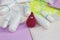 Funny blood crochet drop with menstruation sanitary soft pads and cotton tampons. Woman hygiene protection. Woman critical days, g