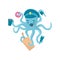 Funny blue octopus with mustache in policeman s cap. Marine animal holding police items in tentacles. Flat vector for