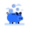 Funny blue piggy bank and falling inside