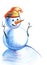 Funny Blue Snowman in orange hat and carrot nose. Hand drawn illustration with colored pencils