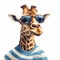 Funny Blue And White Giraffe In Sunglasses And Striped Shirt